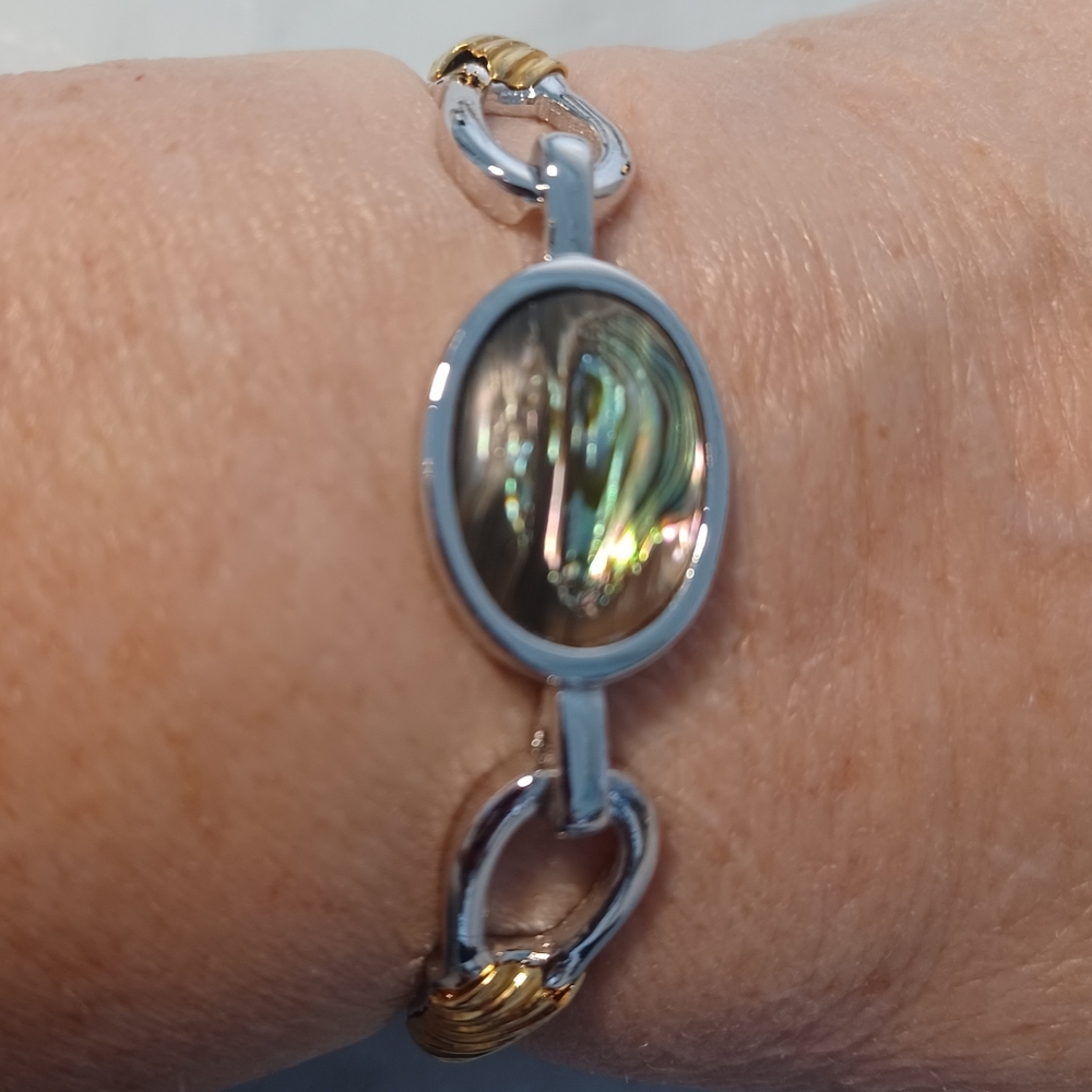 Vintage Avon Abalone Oval On A Silver & Goldtone Bracelet Diameter 2.5"